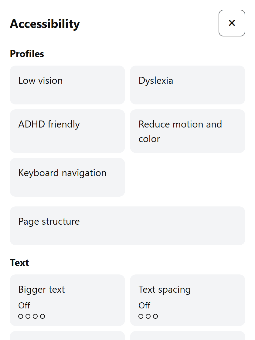 The Pulxon widget's panel: profiles for low vision, dyslexia, ADHD, reduced motion and keyboard navigation, then settings for text size, spacing, line height and a dyslexia-friendly font.